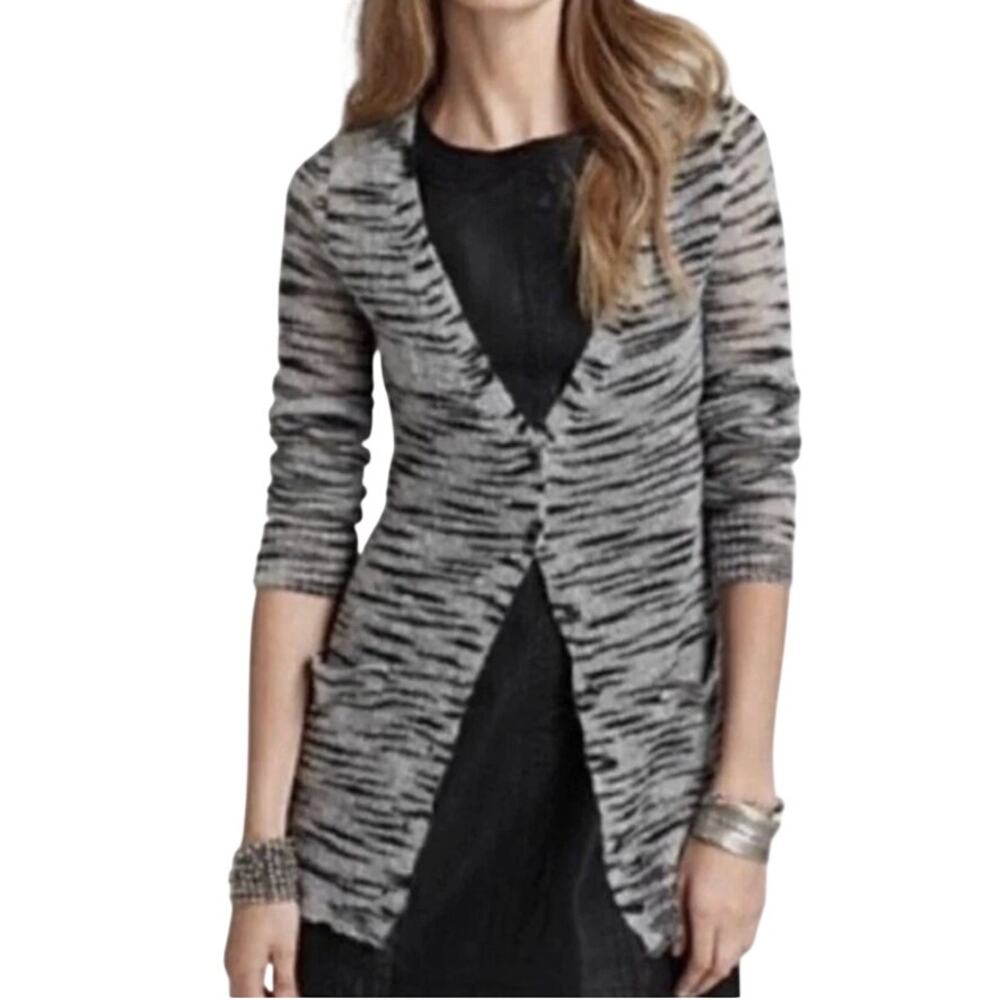 Free People Beach Mohair Blend Striped V-neck Cardigan Sweater Gray Black, S